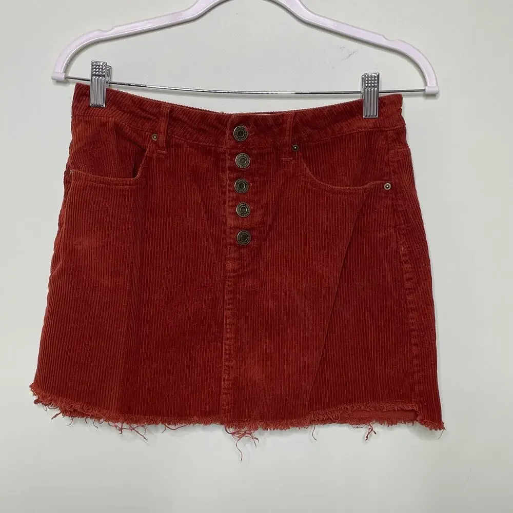 Indigo Rein Corduroy A-Line Mini Skirt Button Front Raw Hem Burnout‎ Orange 3/25